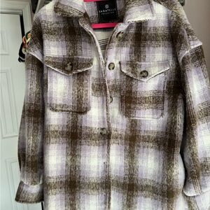 Bagatelle Brown Purple and White Plaid Utility Jacket